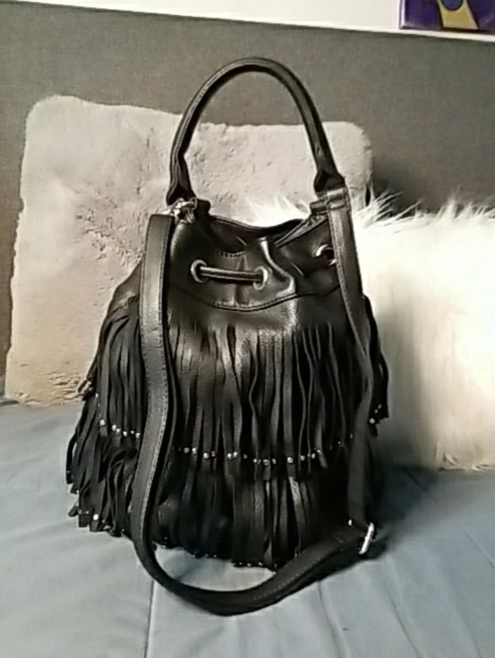 Black Fringe Hobo Bag with Detachable Strap Medium